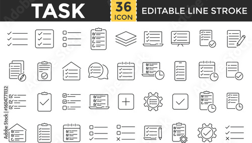 Task line icon set. Task outline Editable stroke and Pixel perfect icons. Checklist, checkmark, Business, Task List, Clipboard, productivity, note, document, Planning, gear, pencil Calendar, Reminder 