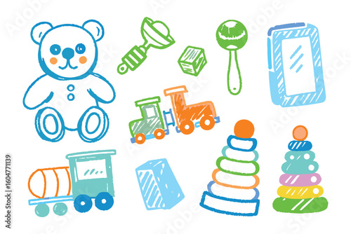 Playful Childhood Collection: A charming illustration of various baby toys in a sketch style, including a teddy bear, rattle, building block, toy train, mirror, and stacking rings