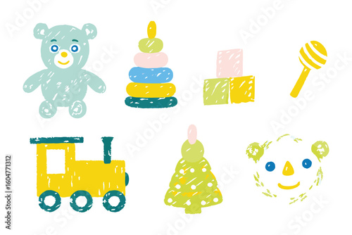 Whimsical Toy Illustration Set: A charming array of hand-drawn toy illustrations, perfect for projects of babies. Capture the essence of early childhood with these colorful, whimsical illustrations.