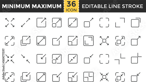 Maximum and Minimum Line Icon Set – Outline Pixel Perfect Editable Stroke Icons Collection for Scaling, Zoom, Size, Expand, Reduce, and Adaptability