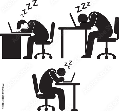 Three exhausted people sleeping at their desks silhouette