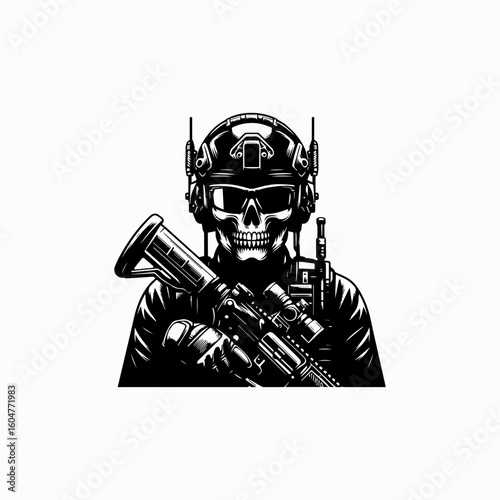 Skull Soldier with Tactical Helmet and Assault Rifle in Black and White.