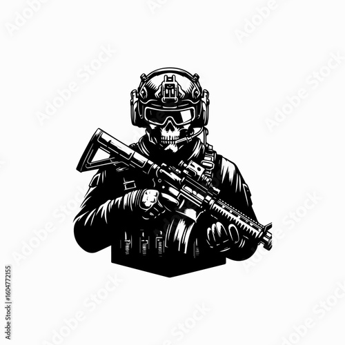 Skullfaced soldier in tactical gear holding assault rifle monochrome vector illustration 1.