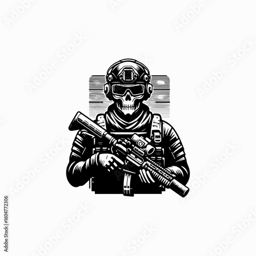 Skullfaced soldier in tactical gear holding assault rifle monochrome vector illustration.