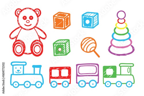 Colorful Toys in a Whimsical Illustration: Playful line art of classic children's toys, evoking feelings of joy and simplicity for childhood exploration. 