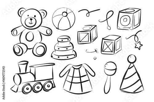 Collection of Children's Toys: A delightful illustration showcases an array of playful toys including a cuddly teddy bear, ball, building blocks, toy train.