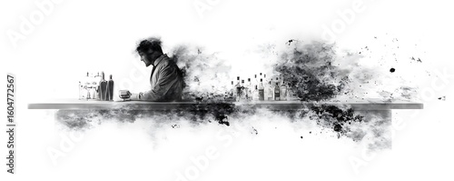 Elegant Bartender in Monochrome with Artistic Splash Effect