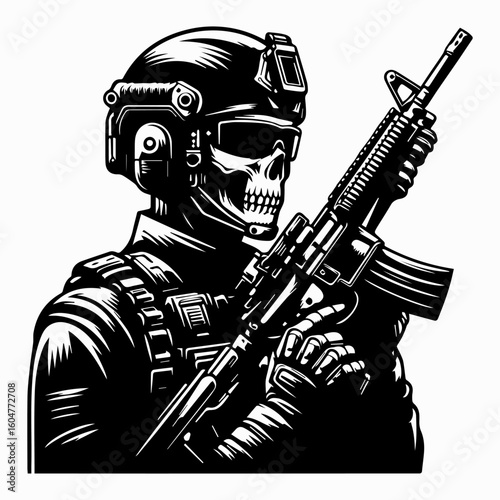 SkullFaced Soldier with Assault Rifle in Black and White Illustration.