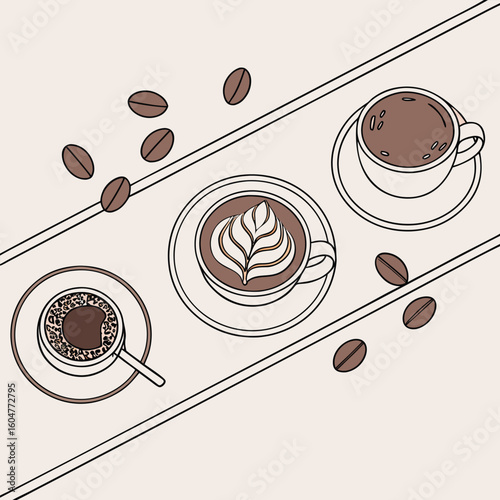 Three Delicious Coffee Cups with Beans on a Table