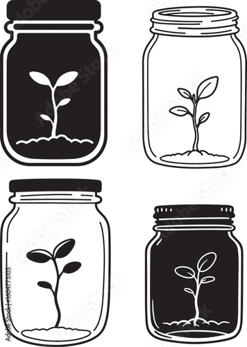 Four jars with growing plants silhouette