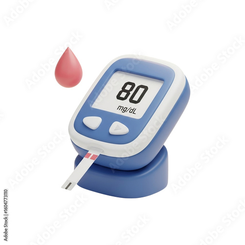 3D Glucose Meter With Blood Drop – Blue Device – Single PNG

