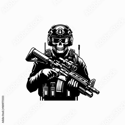 Skullfaced Soldier with Rifle Tactical Gear and Combat Helmet.