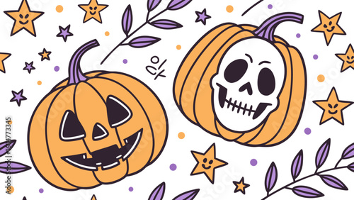 Whimsical halloween illustration featuring a grinning jack o lantern and a skull filled pumpkin surrounded by cute stars and festive purple foliage