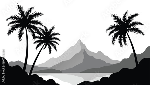 Tropical palm trees overlook serene mountain lake landscape silhouette mountains