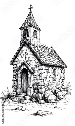 Hand-Drawn Illustration of a Small Stone Church Surrounded by Nature