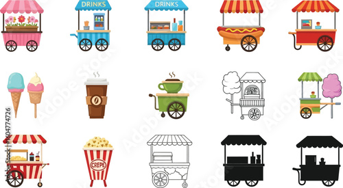Street food carts vector illustration with ice cream and food vendor stalls