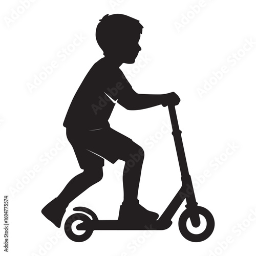 Silhouette of Boy Riding Kick Scooter in Motion Isolated on White Background

