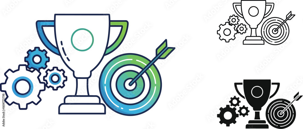 Obraz premium Achievement and success vector illustration with trophy target and gears icon
