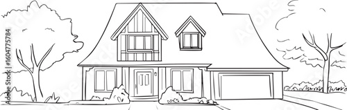 hand drawn vector of a cozy home exterior with pitched roof chimney and lush landscaping perfect for design assets