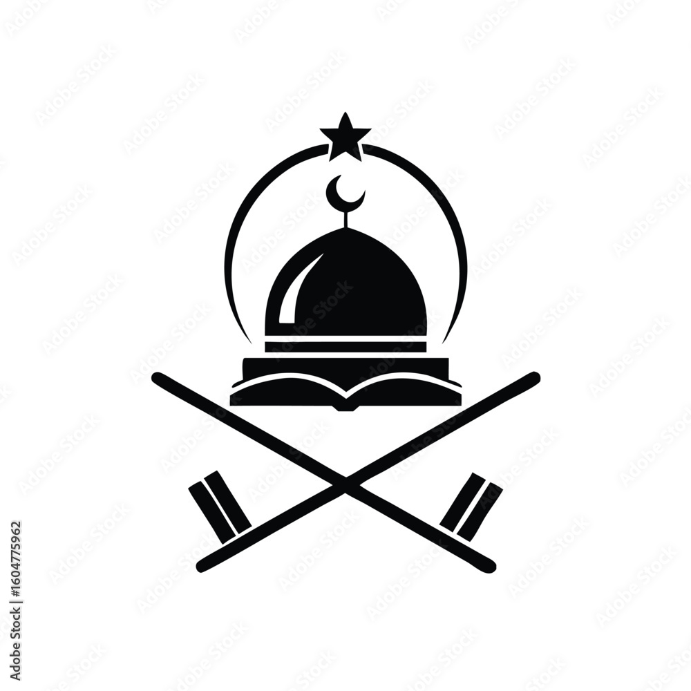 Fototapeta premium A Mosque dome with open Quran and crossed sword is shown in black