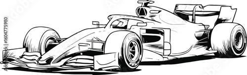 monochrome single seater racing car vector, detailed open-wheel vehicle illustration, motorsport graphic design