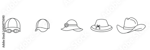 Summer hats, beach cap, sun hat, cowboy hat, straw hat, fashion accessory, headwear collection, holiday style, casual outline icon.