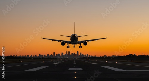 An airplane landing on a runway at sunset with a city skyline silhouette creates a scenic view of travel and aviation