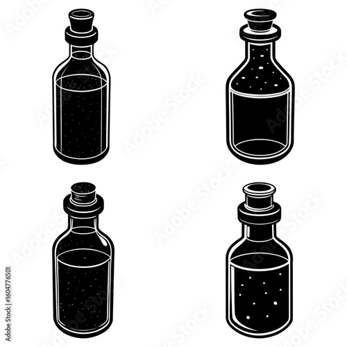 Four potion bottles with stoppers filled with dark liquids on a white background in black and white style