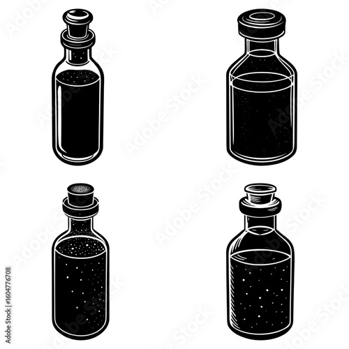 Illustration of four potion bottles with different liquids and stopper styles in black and white ink