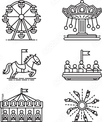Parade and Amusement Park Ride Icons – Linear Design Collection for Carnival Celebration
