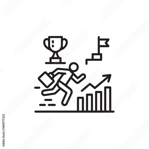Businessman running up a rising graph towards a trophy and flag symbolizing success and achievement