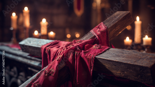 Feast of the Exaltation of the Holy Cross, Close-up of wooden cross draped in red cloth, placed on church altar with candles