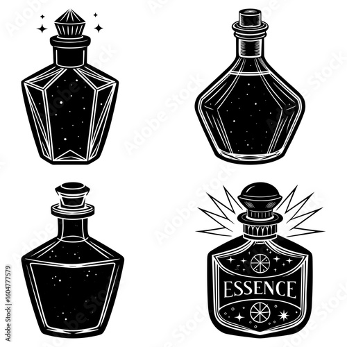 Collection of four black and white potion bottles with various shapes and decorative elements illustration