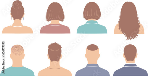 Illustration of various hairstyles and haircuts from the back on different individuals