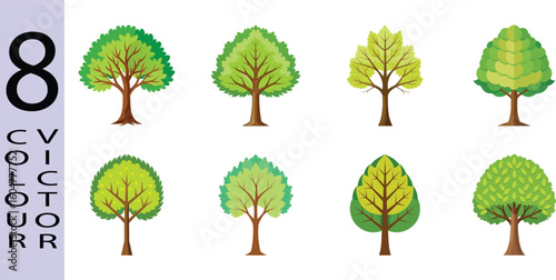 Eight Colorful Vector Trees: Springtime Nature Illustration, Flat Design, Cartoon Style
