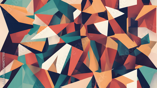 Abstract design featuring a geometric pattern with triangles and polygons in warm and cool colors