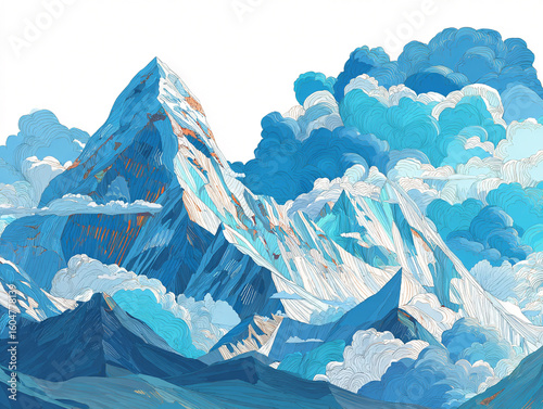 A vector illustration of Himalayan mountain peaks with stylized cloud patterns