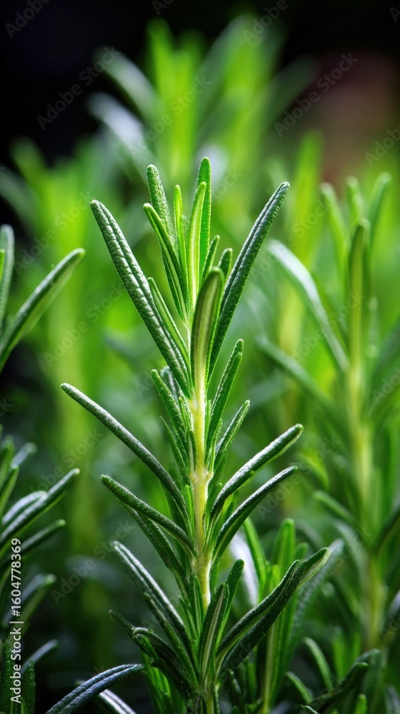 Obraz premium Close-up of fresh green rosemary herb plant with healthy needle-like leaves growing outdoors in natural sunlight on a sunny day