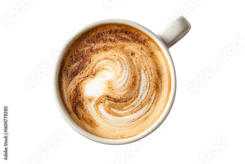Top view of swirled latte coffee in white cup isolated on transparent background
