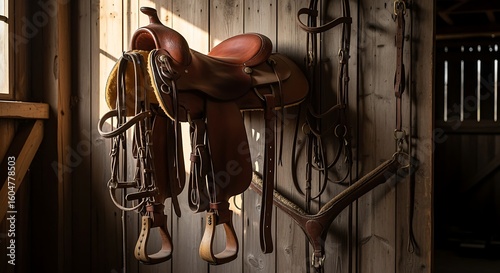 Saddle and Bridle Hanging on Wooden Wall