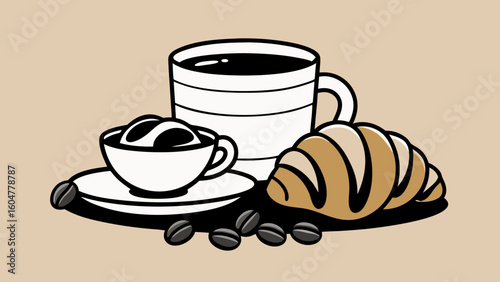 A vintage ceramic teapot and clay cups with delicate flower decorations sit on a brown kitchen table, ready for a hot breakfast drink