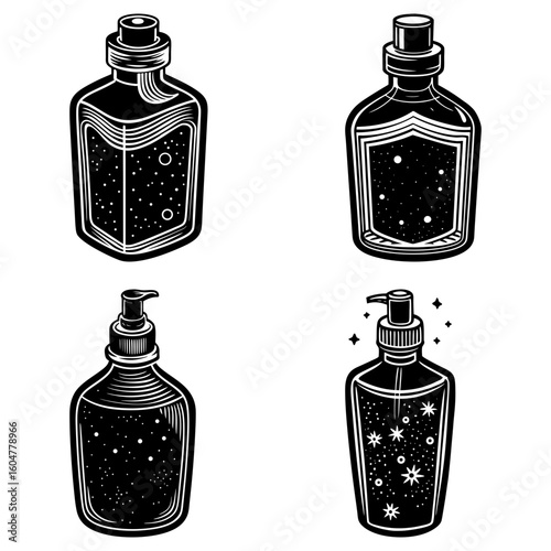 Four black and white bottles with different shapes and contents displayed in a square arrangement design