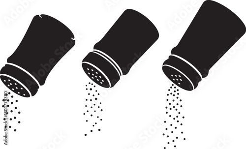 Three salt and pepper shakers pouring seasoning silhouette