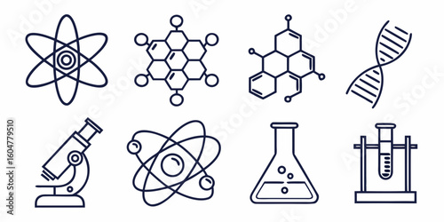 Here's your sentence:

A comprehensive set of black silhouette icons illustrates scientific and medical concepts, including atom, molecule, and chemical symbols, ideal for technology and business desi