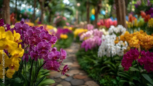 Wallpaper Mural Vibrant Floral Pathway Surrounded by Colorful Orchids in a Lush Garden Setting Torontodigital.ca