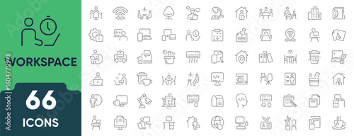 Workspace Line Icon Set. Set of 66 outline icons including office desk, laptop, chair, team, work tools, coworking, productivity, meeting, and documents. Editable stroke. Linear vector illustration.