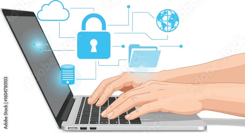 Hands typing on a laptop with security icons including a padlock and a cloud graphic