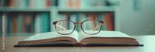 Eyeglasses resting on an open book atop a wooden table in a library, capturing the essence of studying, reading, and engaging in academic pursuits within a scholarly environment
