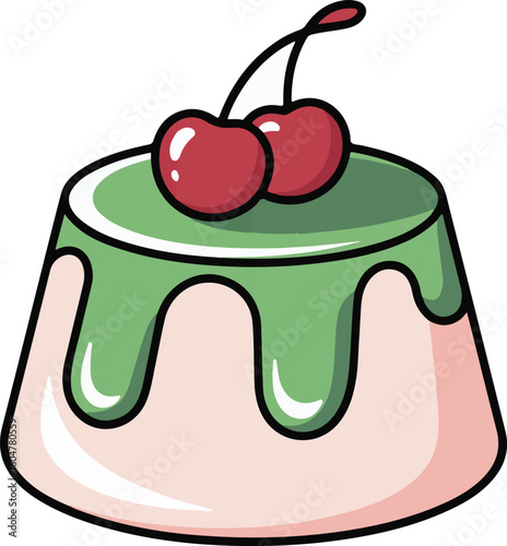 Panna Cotta with Cherry Topping and Green Icing – Minimalist Dessert Vector for Cafe Menu Design.png