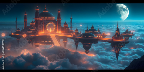 A futuristic city above the clouds with a large moon in the night sky and glowing orange lights
